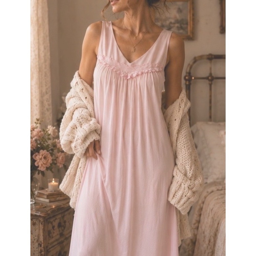 Vassarette Vintage Pink Nylon Nightgown Womens L USA Sleeveless Maxi Sleep Dress